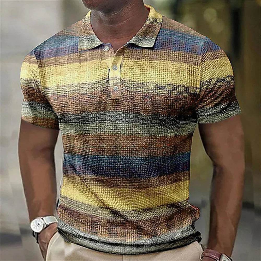 Vintage Men's Casual Polo Shirt - 3D Stripe Print, Loose Fit, Soft Tee - Buy Center US