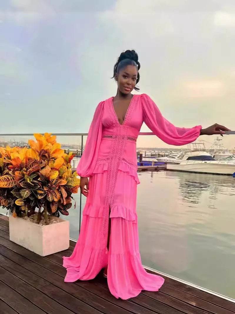 HKOX Elegant V-Neck Long Sleeve Ruffles Dress for Summer 2025 - Buy Center US