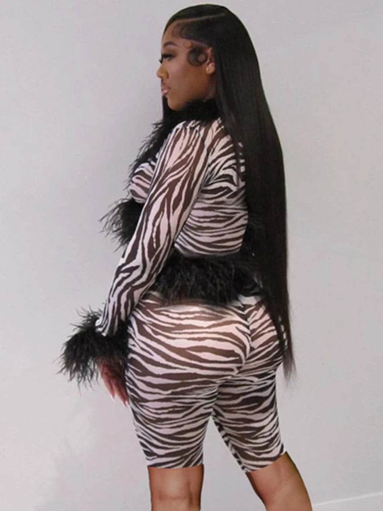 Weird Puss Sexy See Through 2-Piece Set - Feather Patchwork Top & Shorts - Buy Center US