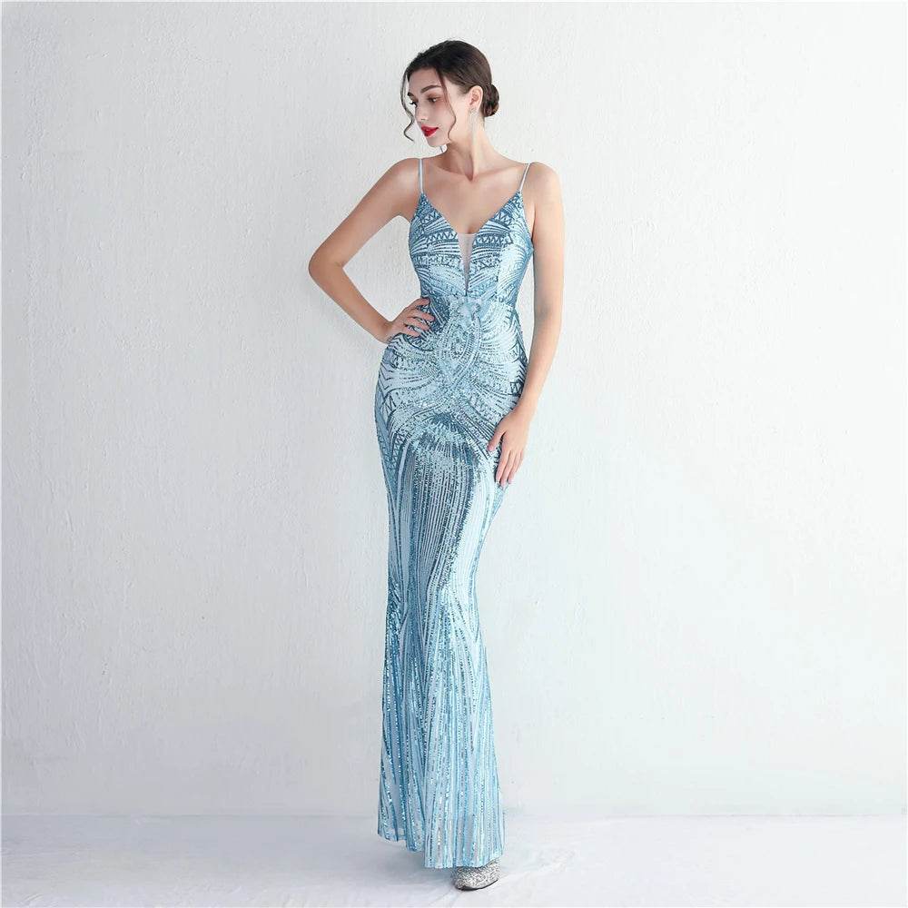 HBLL Sexy V Neck Maxi Dress - Purple Sequin Formal Gown for Parties - Buy Center US