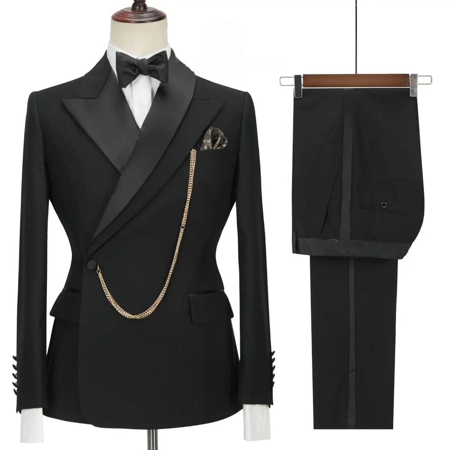 2024 Custom Black Tuxedo Suit for Men - Double Breasted, Peaked Lapel - Buy Center US