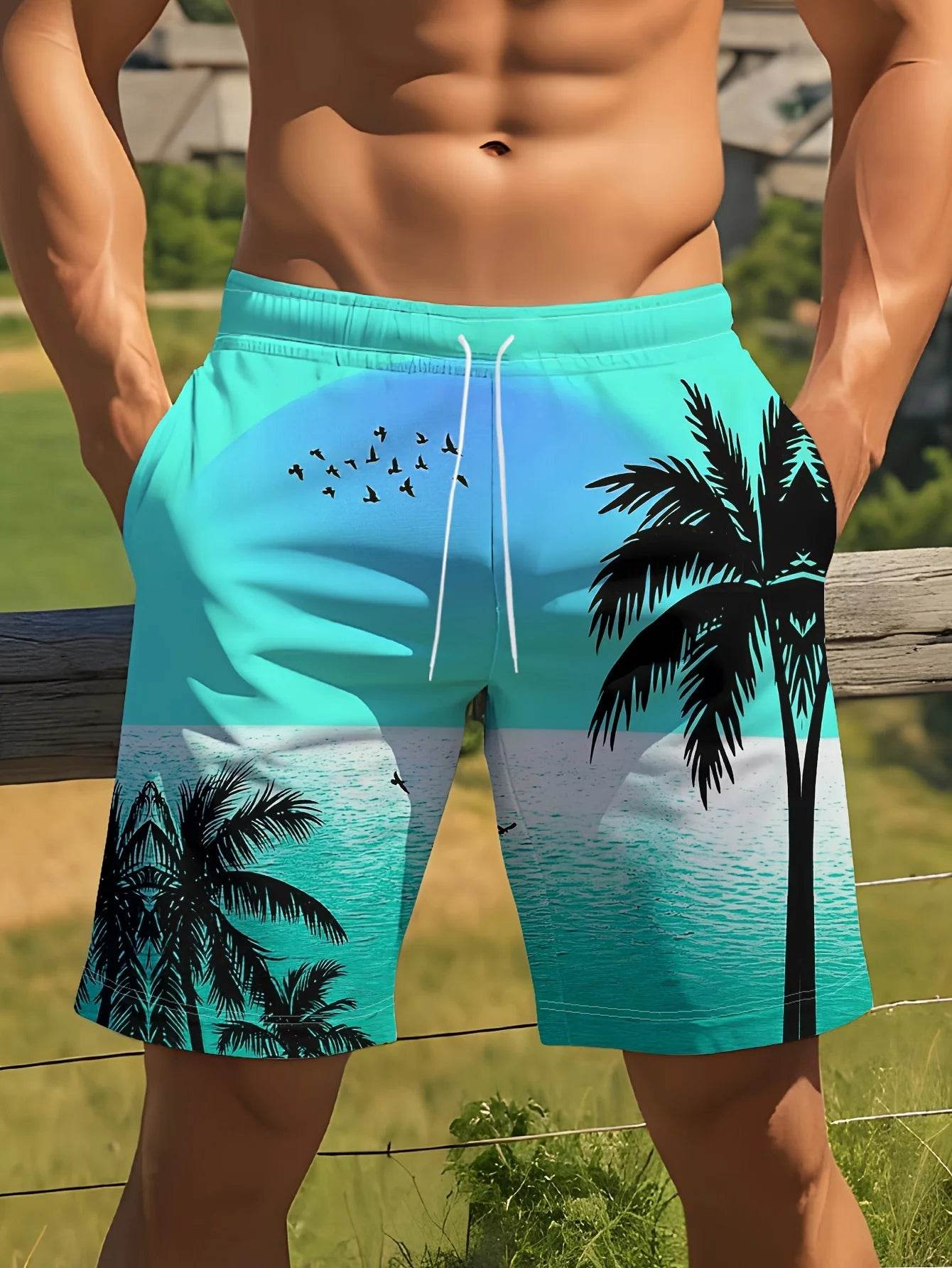 Men's Hawaiian Swim Trunks - 3D Gradient Palm Tree Print, Quick Dry - Buy Center US