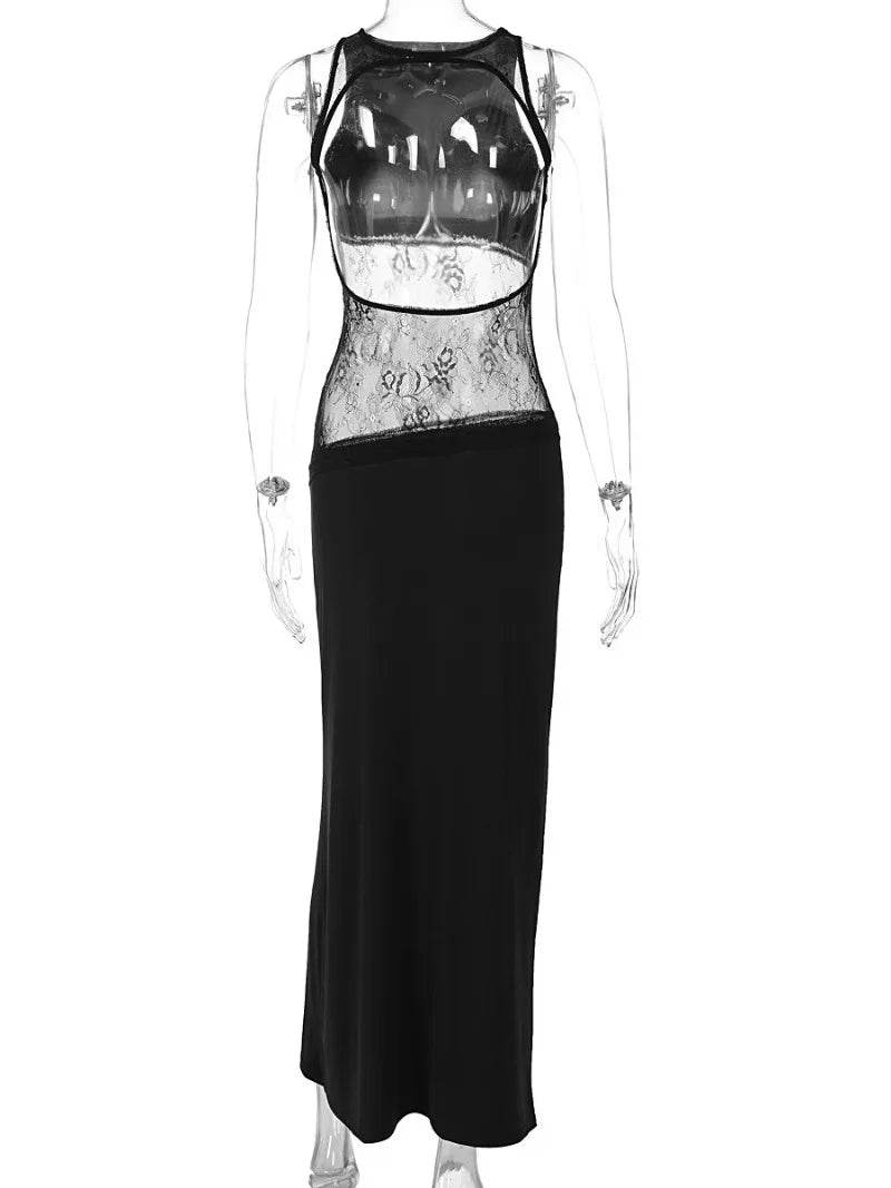 Elegant Black Sleeveless Lace Evening Dress - Backless Party Style - Buy Center US