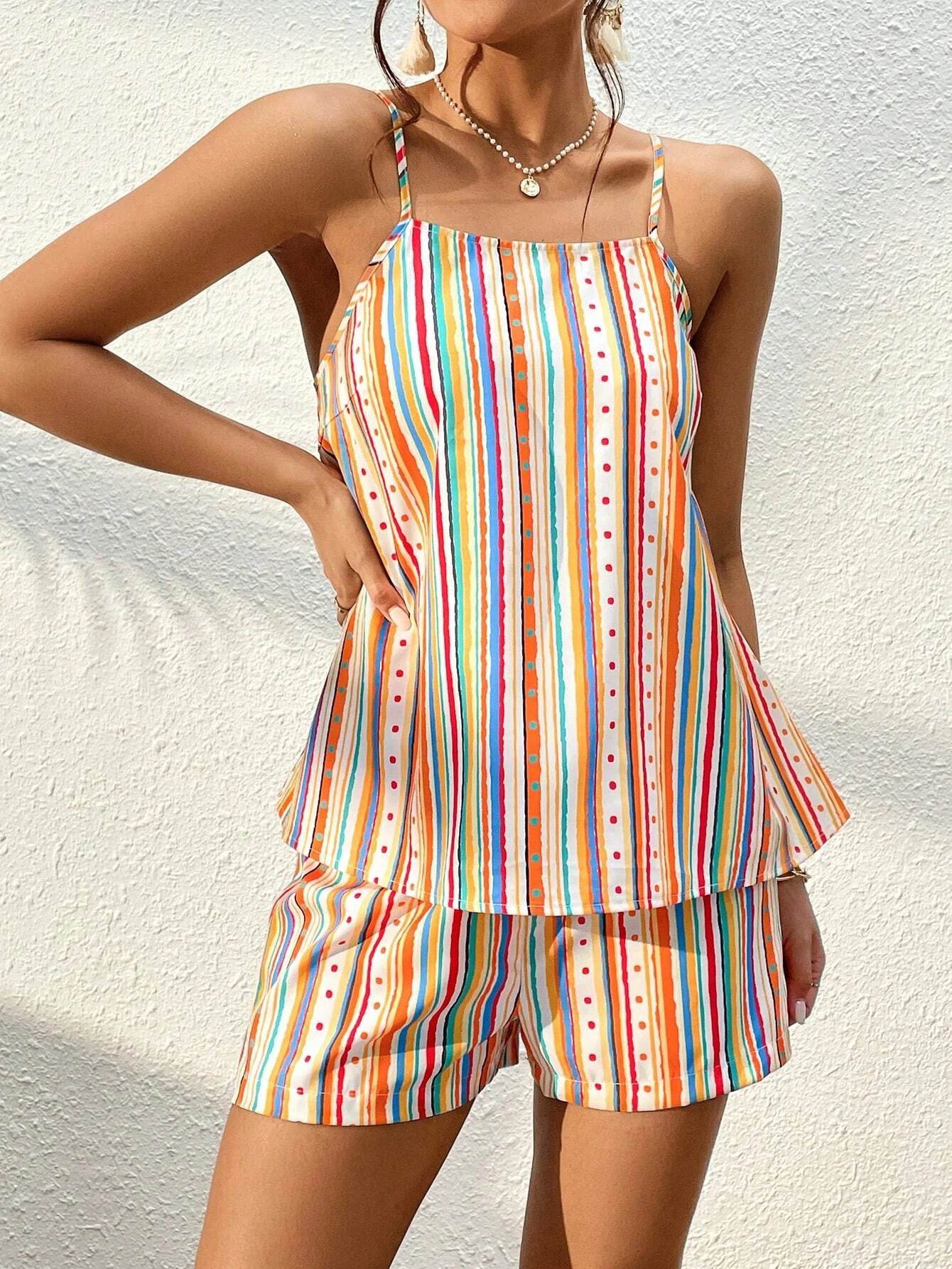 Tercoun Women's Striped Polka Dot Suspender Shorts Set - Sweet Style - Buy Center US