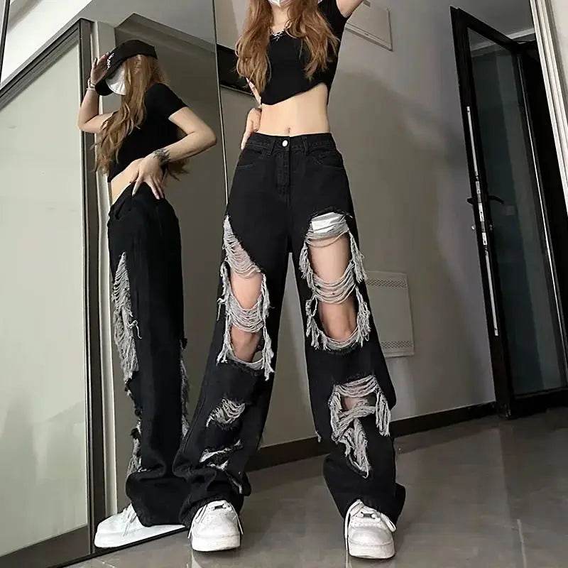 PTKPCC High Waist Distressed Jeans - Y2K Loose Fit for Women - Buy Center US