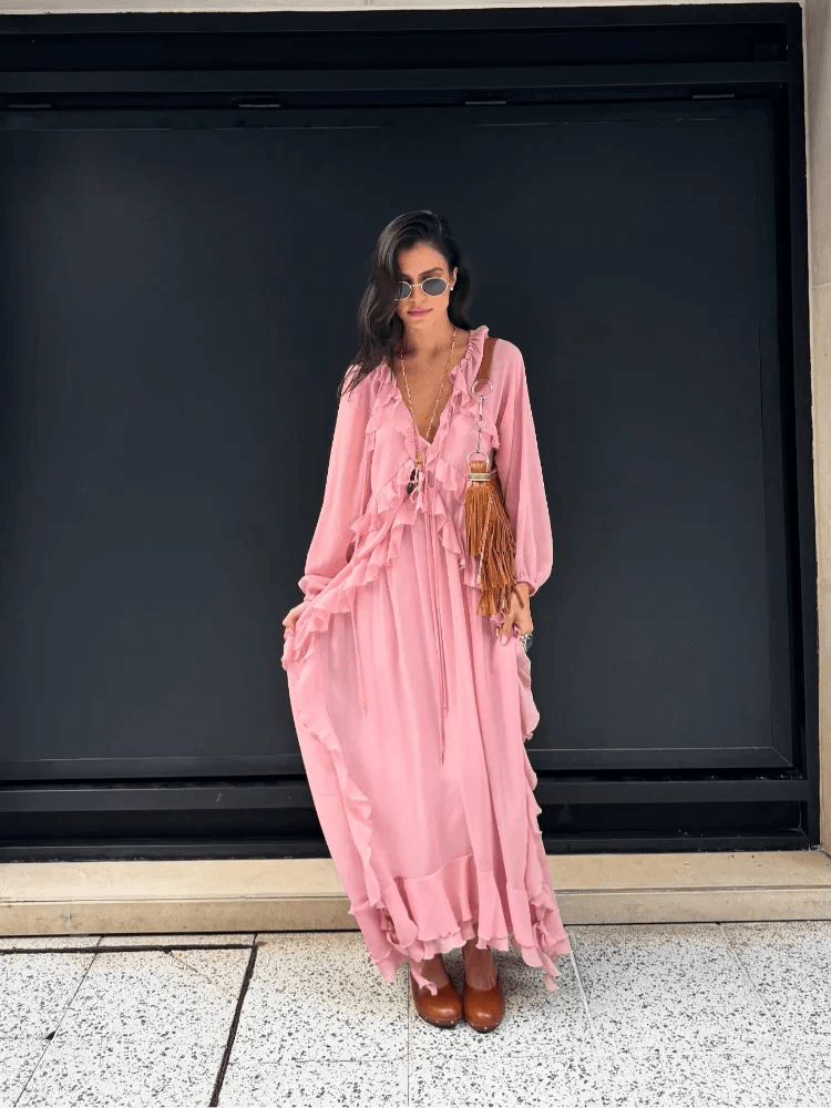 Elegant V-Neck Flounce Dress - Chic Loose Summer Gown for Women - Buy Center US