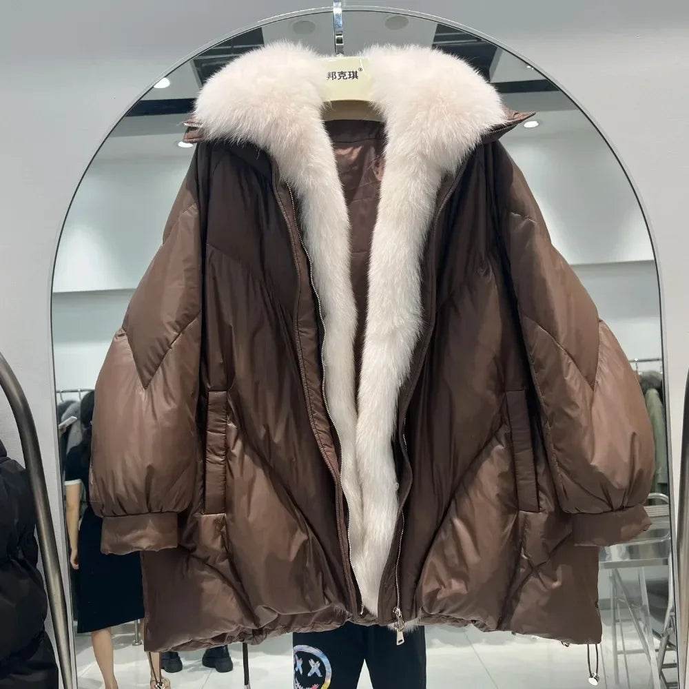 Real Natural Fox Fur Puffer Coat - Thick White Goose Down Jacket - Buy Center US
