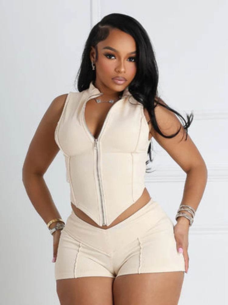 Weird Puss Women's Patchwork 2 Piece Set - Zipper Cardigan & Shorts - Buy Center US
