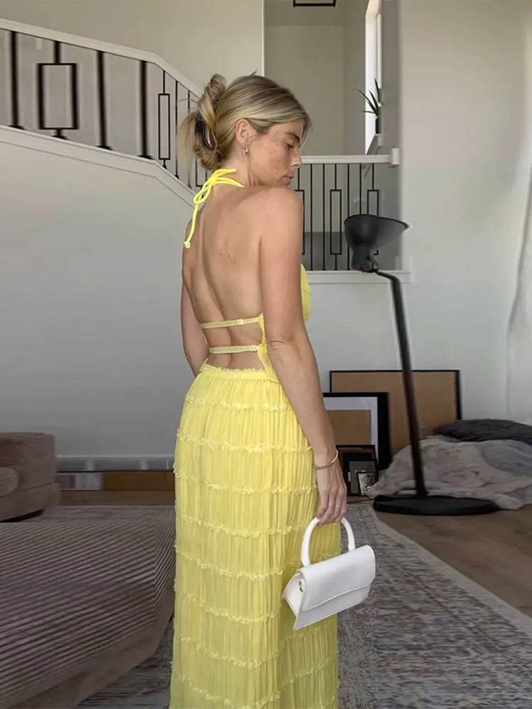 Elegant Pleated Halter Dress - Slim Backless Maxi for Women - Buy Center US