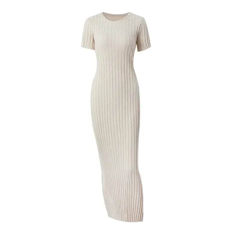 MOXFCIZO Ladies Knitted Short Sleeve Pleated Dress - Spring/Summer Style - Buy Center US