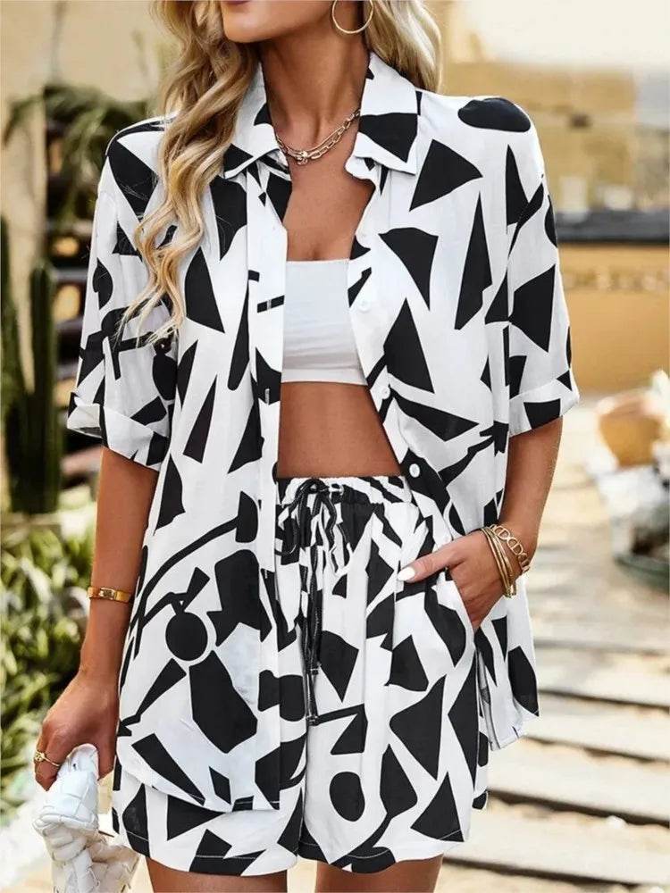 Shuangfuxiang Women’s Casual Geometric Print Short Sleeve Set - Buy Center US
