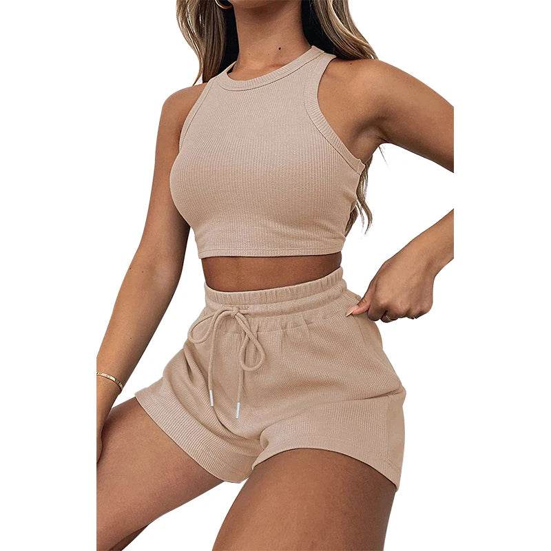Women's Waffle Textured Shorts Set - Breathable O-Neck Crop Top - Buy Center US