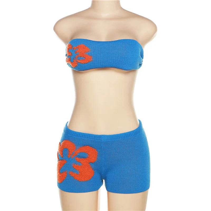 VEITCHE Women's Summer Knitted Bikini Set - Floral Crop Top & Shorts - Buy Center US