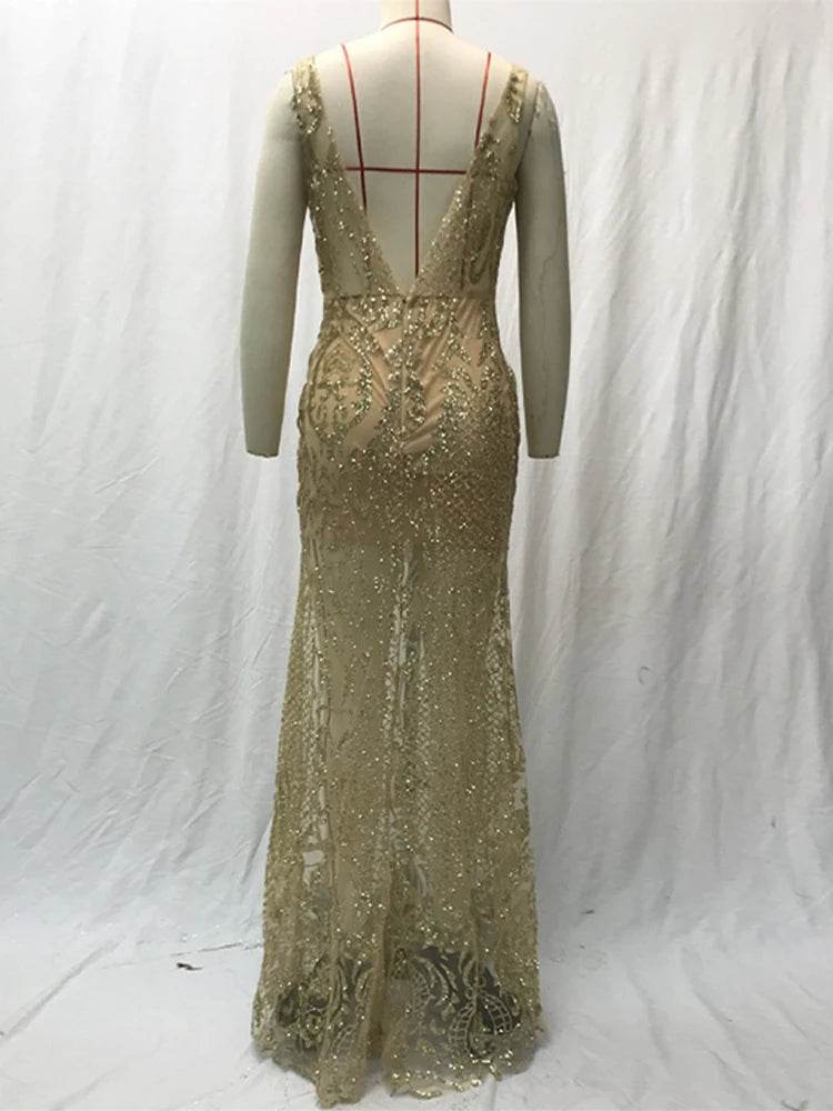 Elegant V Neck Maxi Dress for Women - Shiny Sequin Party Robe - Buy Center US
