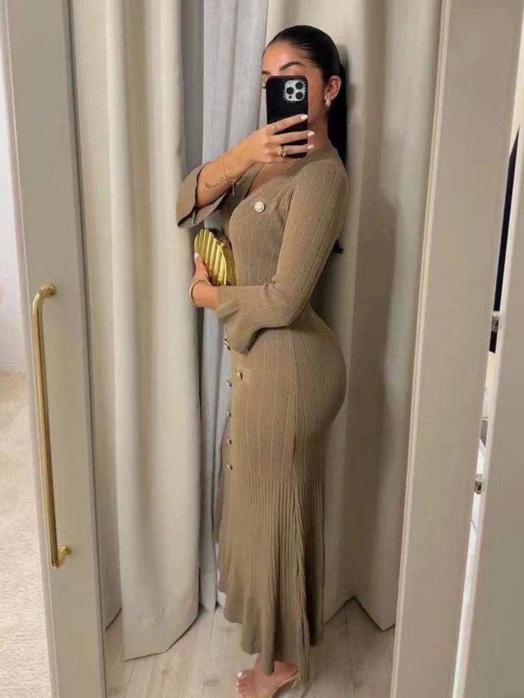 Elegant Women's Long Dress - Flare Sleeve V-Neck Ruffles Style - Buy Center US
