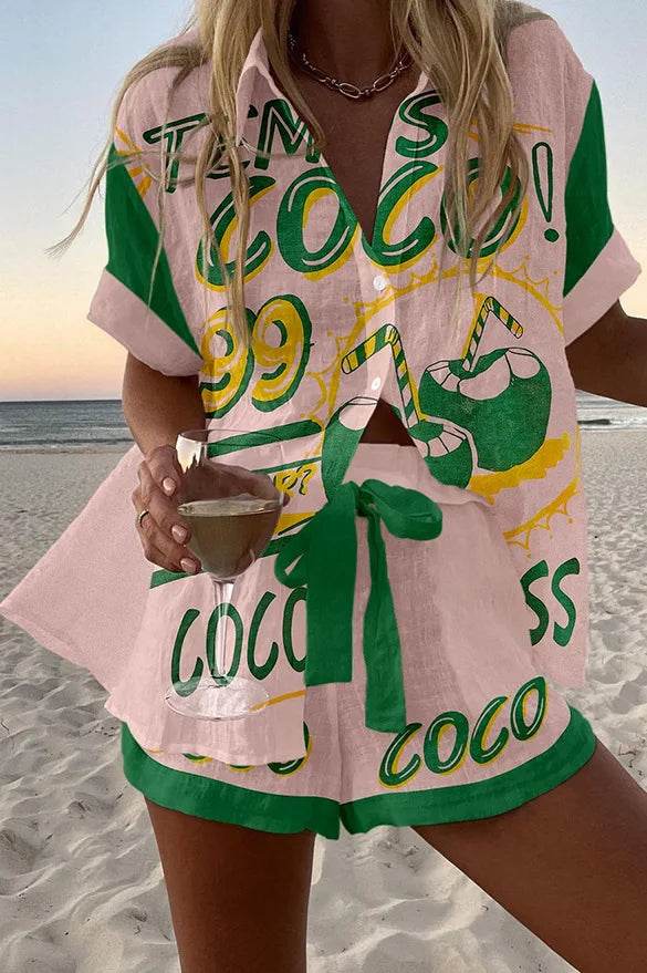 Women's Summer Print 2-Piece Beach Set - Casual Short Sleeve Top - Buy Center US