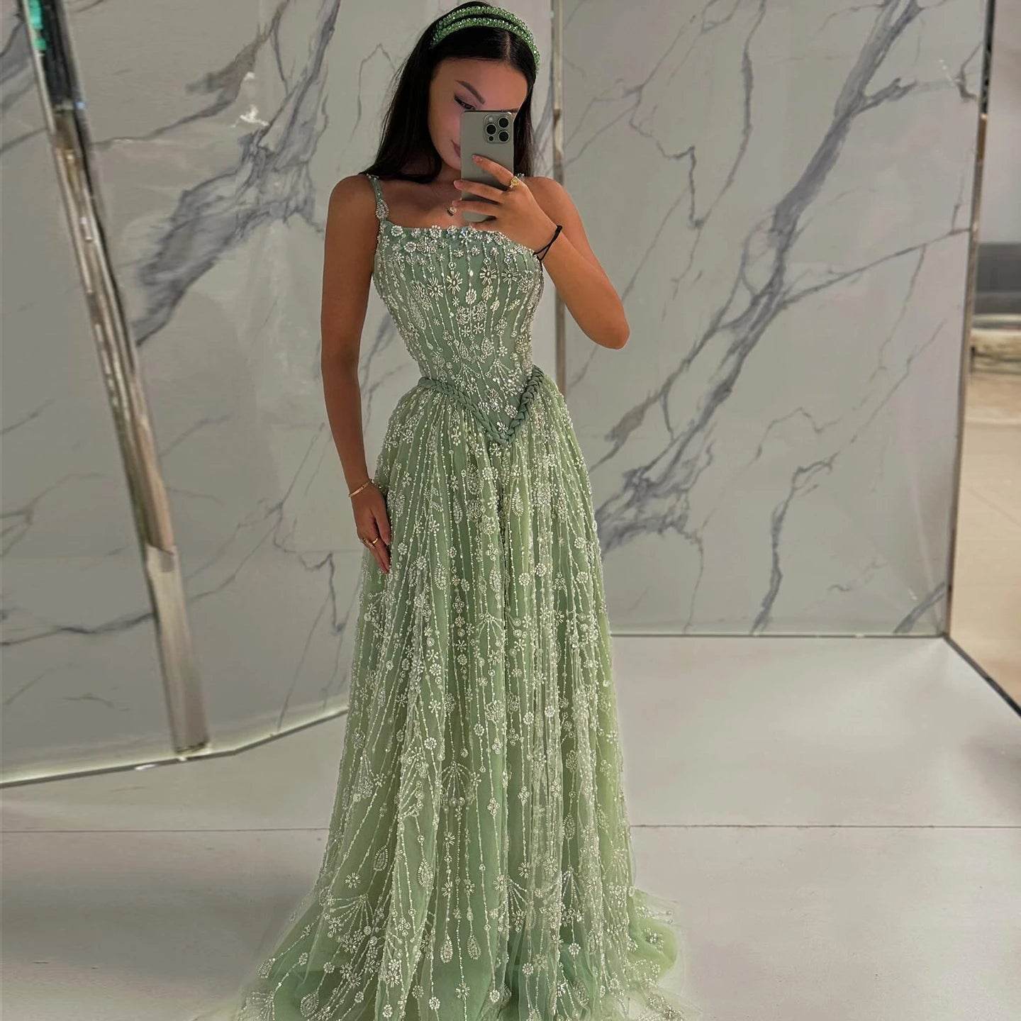 Sharon Said Sage Green Evening Dress - Elegant Spaghetti Strap Style - Buy Center US