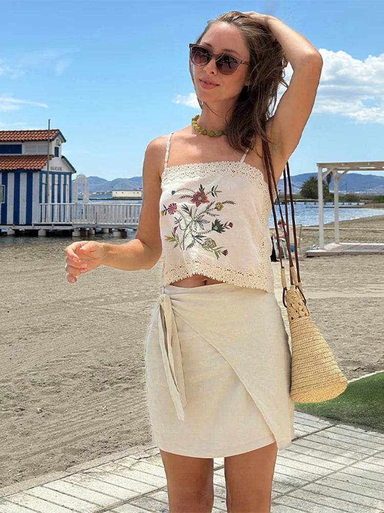 Retro Embroidered Sling Top and Shorts Set - Casual Summer Outfit - Buy Center US
