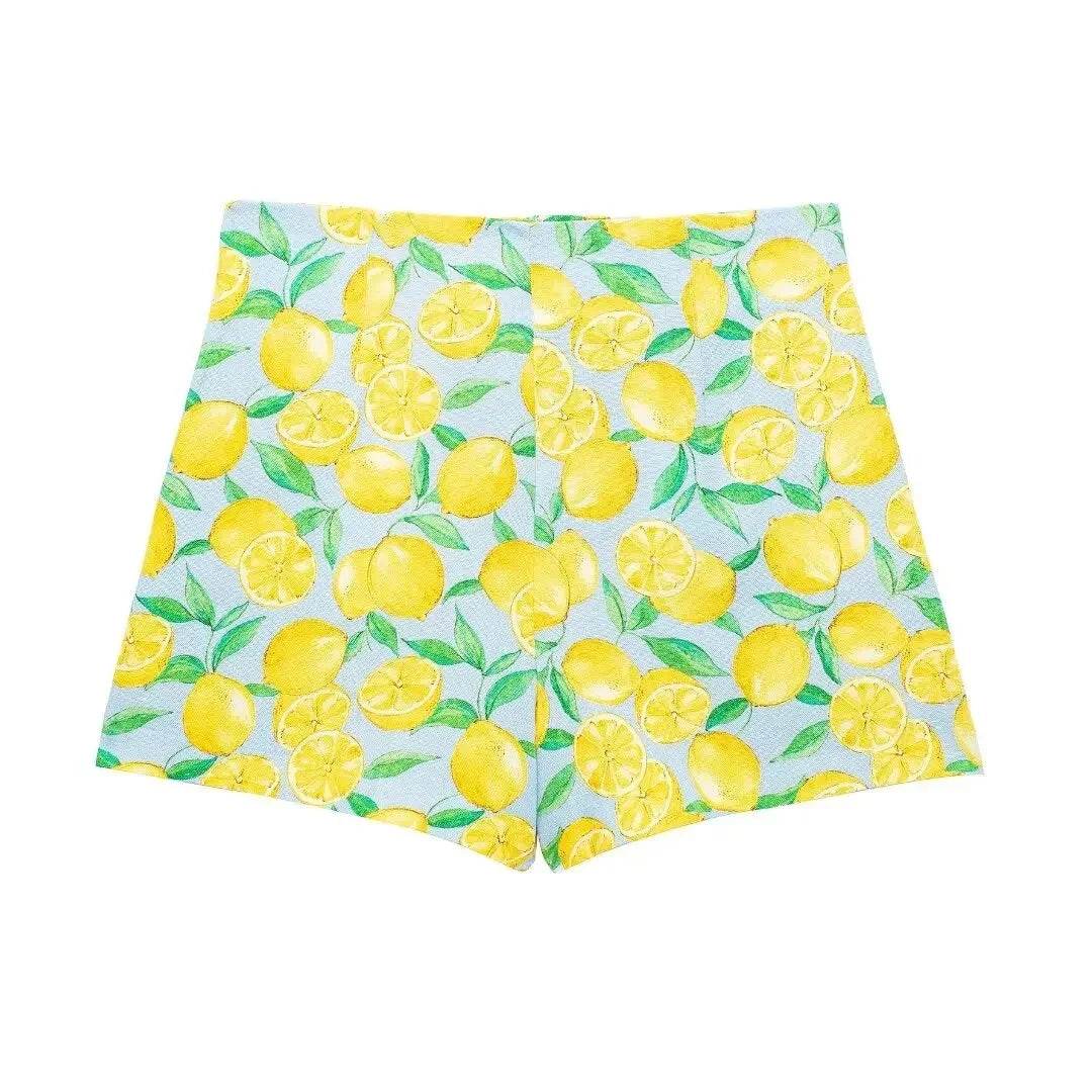 2024 ZAR4 Women's Linen Lemon Print Knot Short Shirt & High-Waist Shorts - Buy Center US
