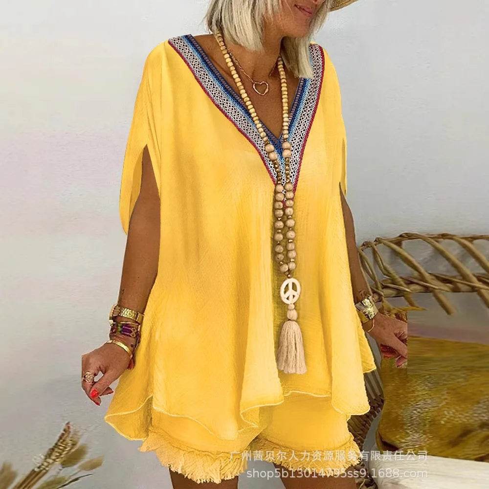 Kalenmos Women's V-Neck Casual Shorts Set - Elegant Y2K Summer Style - Buy Center US