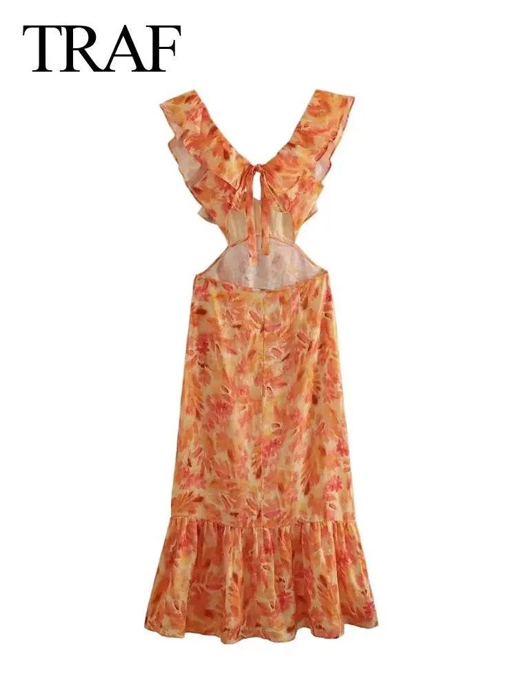 TRAFZA Summer V-Neck Backless Dress - Bohemian Ruffle Print Style - Buy Center US