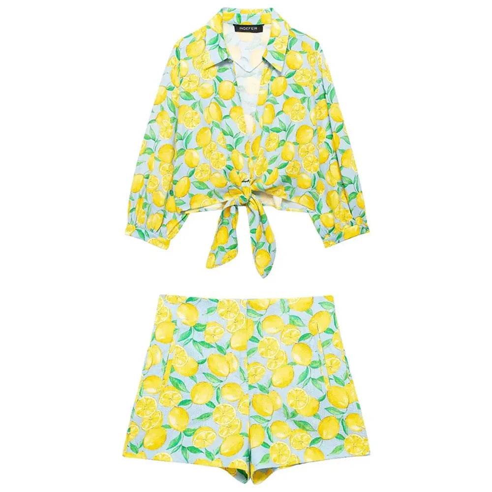 TRAFZA Lemon Print Summer Shorts Set - Casual Lace-up Blouse & Shorts - Buy Center US