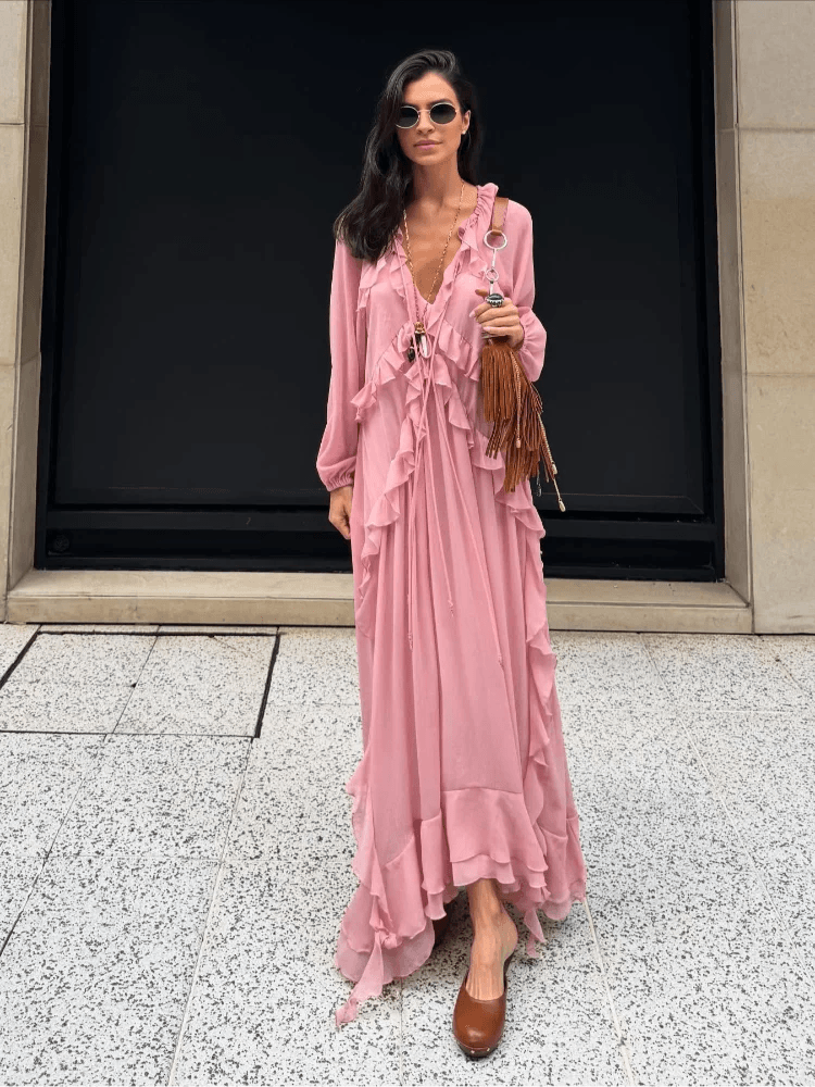 Elegant V-Neck Flounce Dress - Chic Loose Summer Gown for Women - Buy Center US