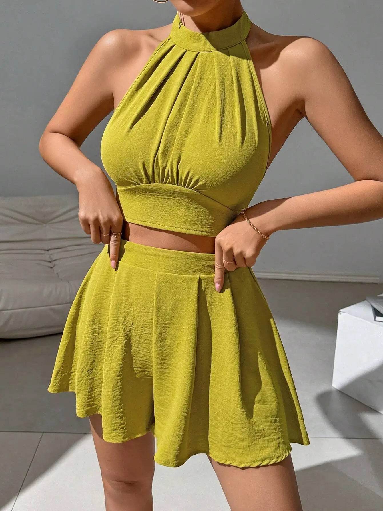 Chic Women Summer Shorts Set - Halter, Lace-up, Solid Chiffon - Buy Center US