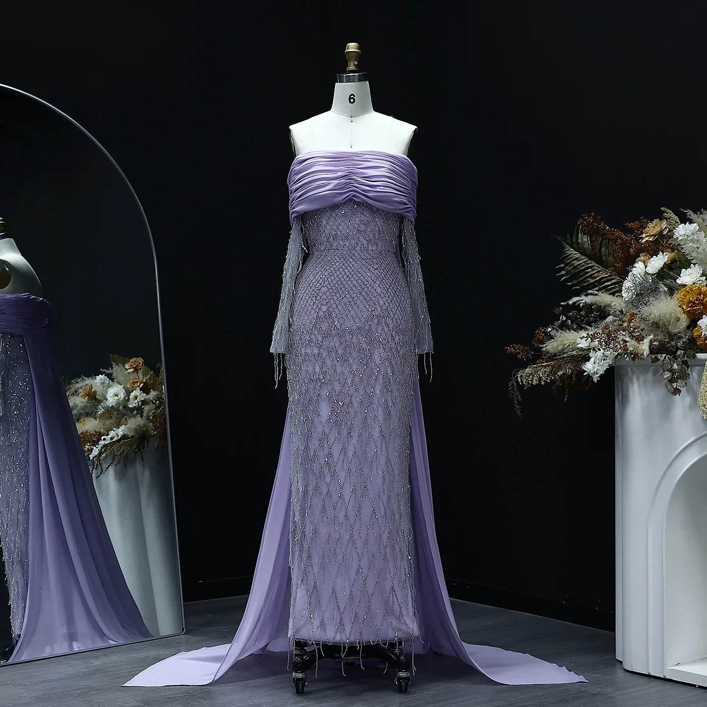 Lilac Midi Evening Dress with Tassels - Off Shoulder, Formal Style - Buy Center US