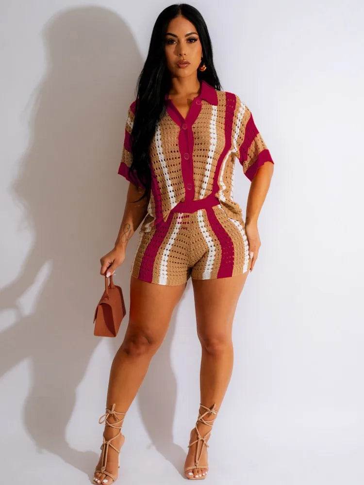 JRRY Sexy Women Knitted Beach Set - Turn Down Collar, Hollow Out - Buy Center US