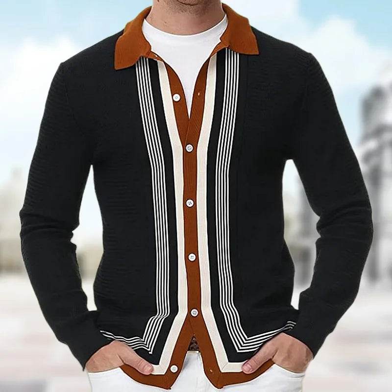 Naupang Men's Striped High-End Knitted Cardigan - Casual Long Sleeve Polo - Buy Center US