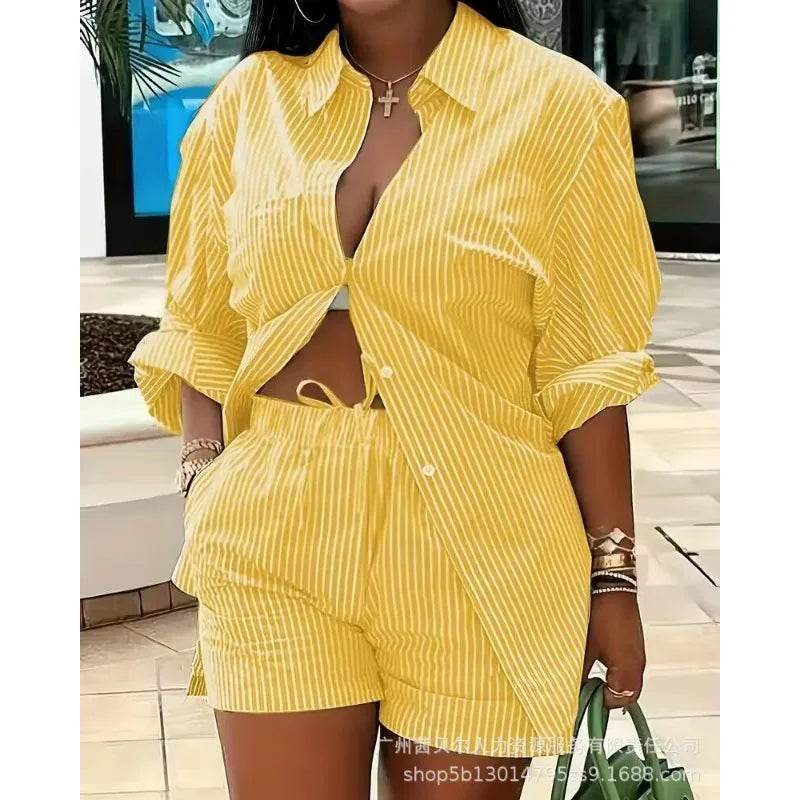 Mandylandy Women's Striped Two Piece Set - Casual Shirt & Shorts - Buy Center US