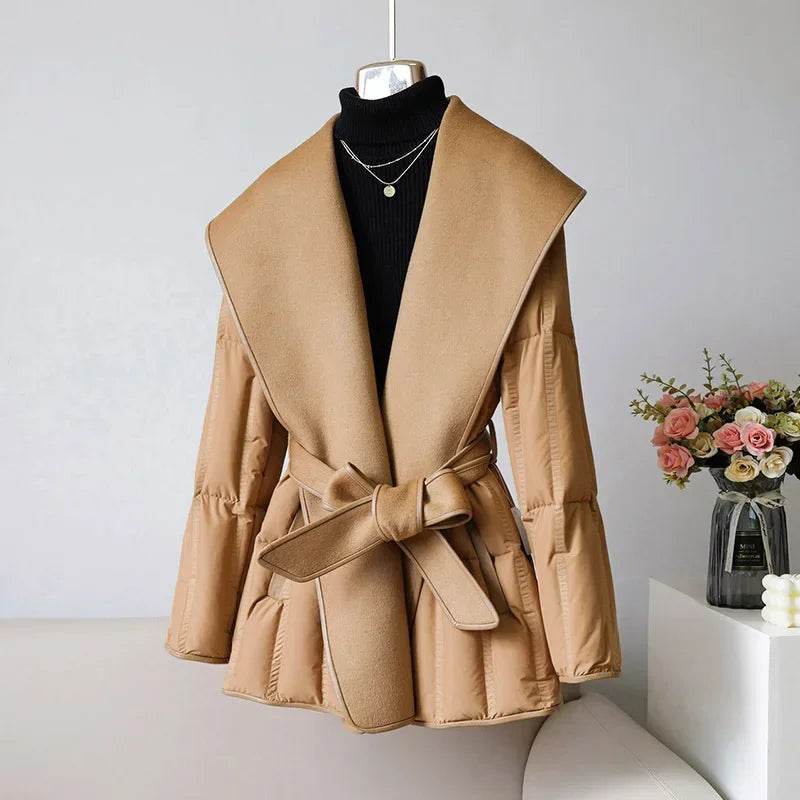 Lady Puffer Jacket with Belt - Warm Wool Cashmere Down Coat 2024 - Buy Center US