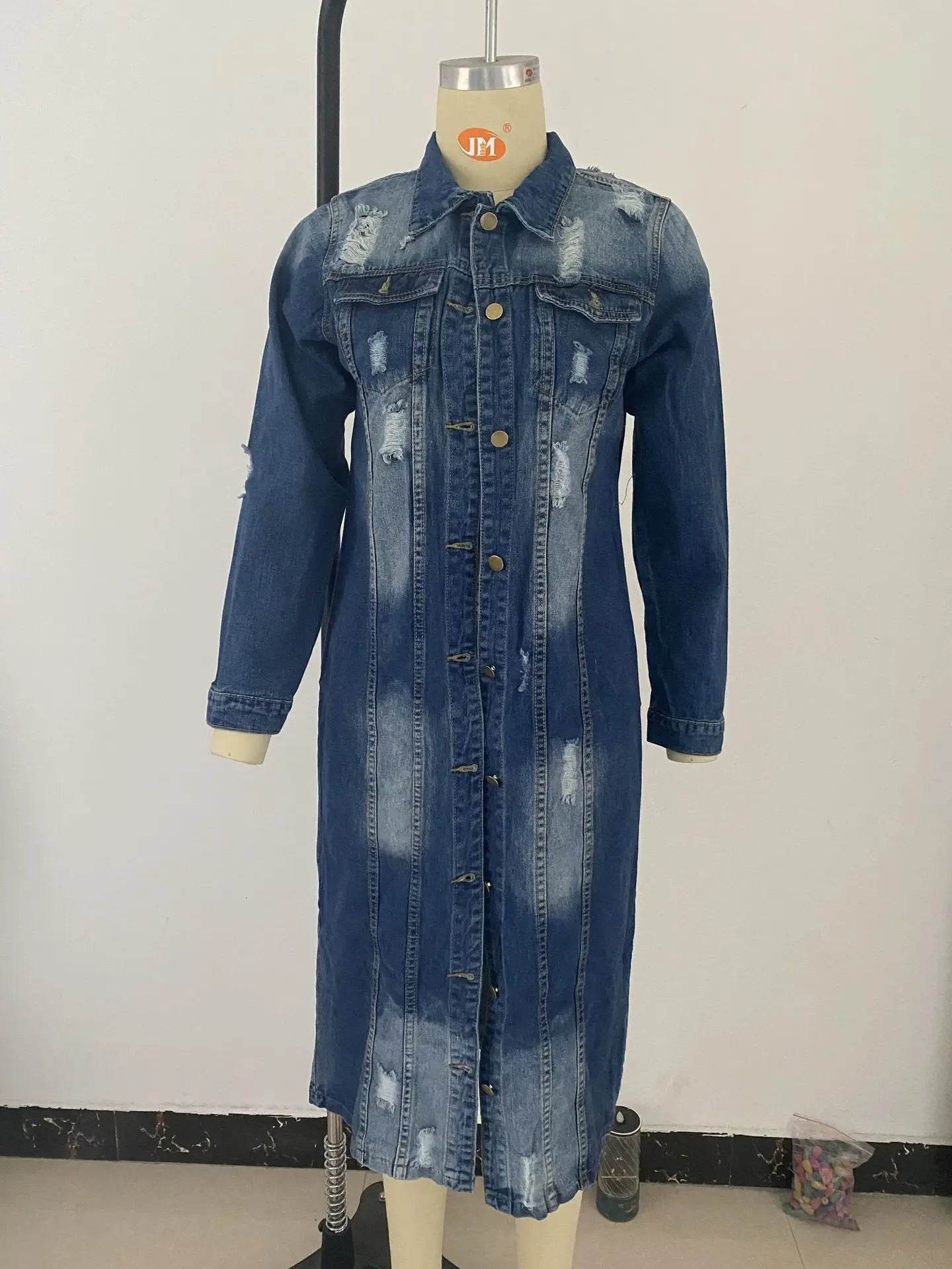 Kalenmos Women's Longline Denim Coat - Ripped Hem, Pockets, Stylish - Buy Center US