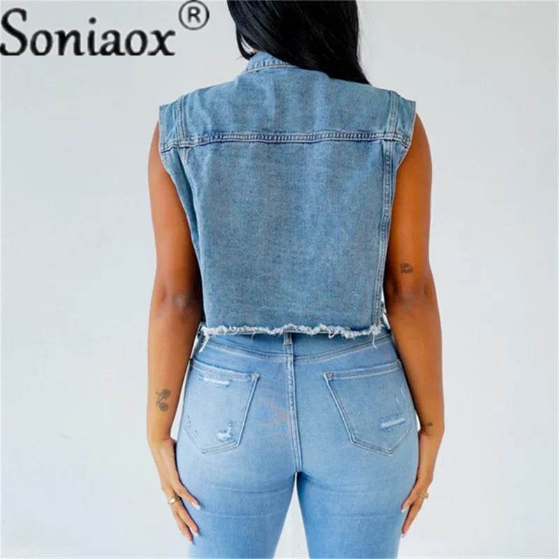 Soniaox Women's Denim Jacket Vest - Beaded Casual Short Coat - Buy Center US