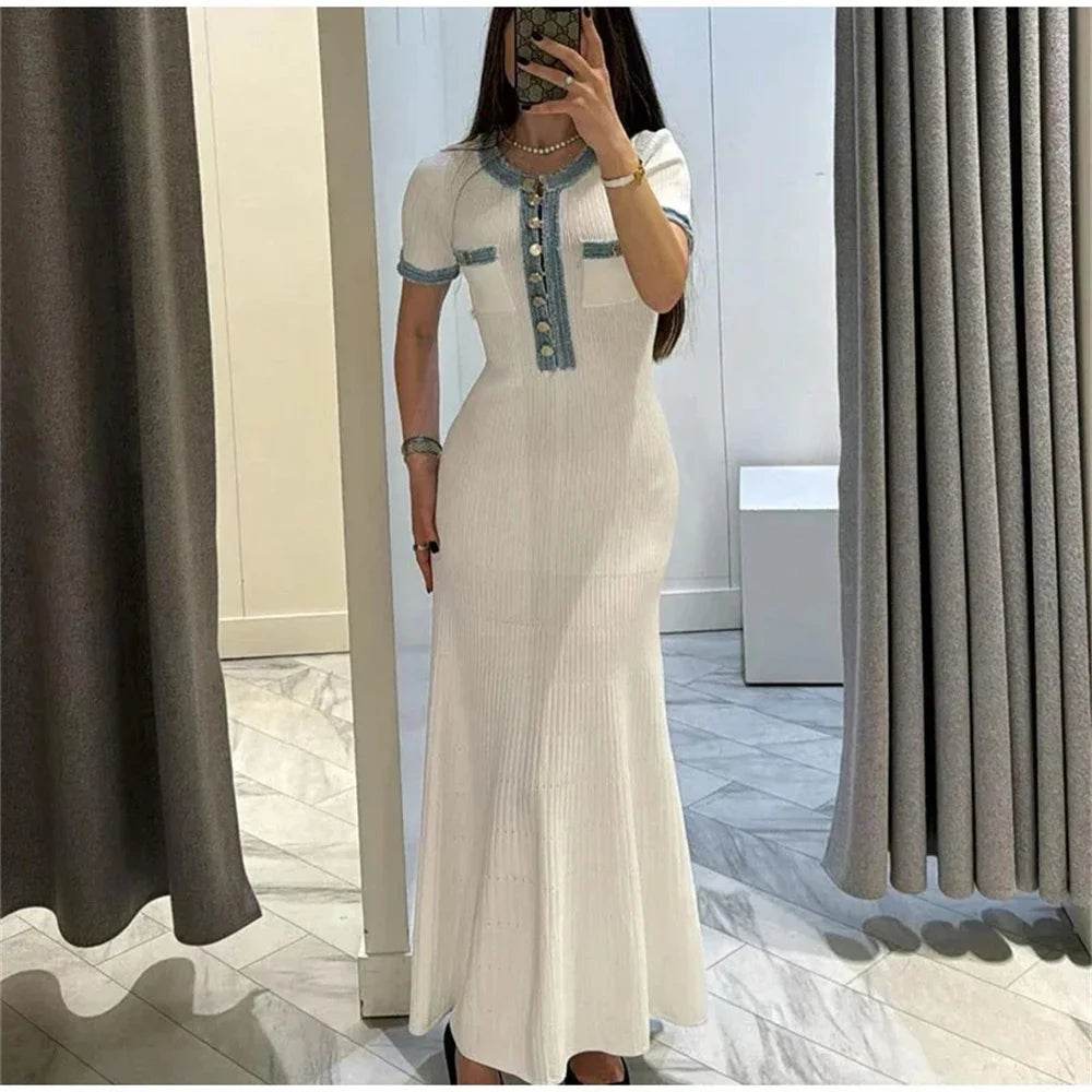 Elegant Women's Knit Maxi Dress - Chic O-neck with Metal Buttons - Buy Center US