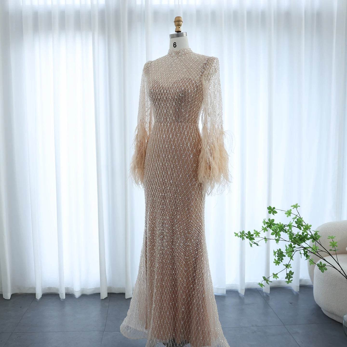 Sharon Said Luxury Evening Dress - High Neck, Full Sleeve, Beaded Gown - Buy Center US