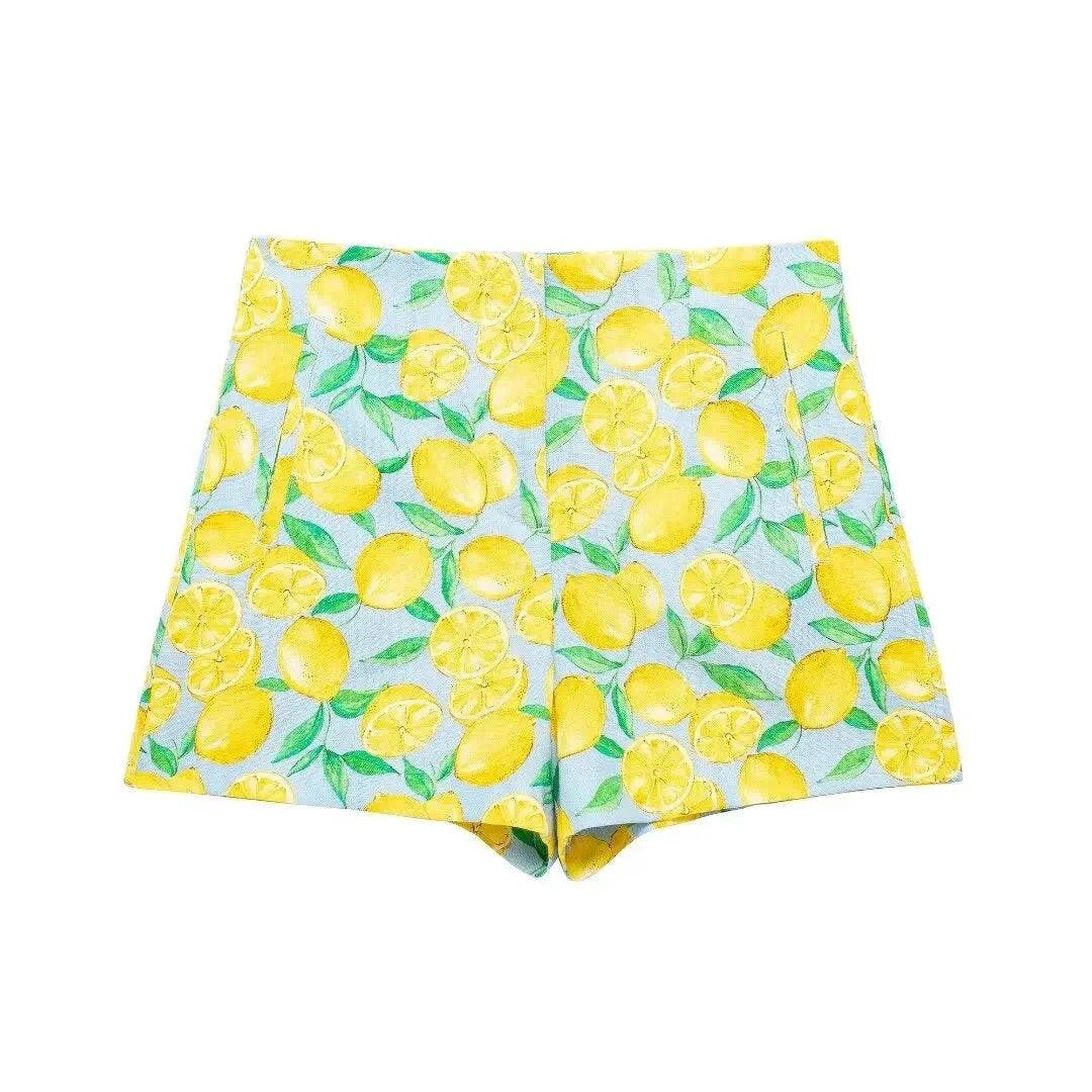 2024 ZAR4 Women's Linen Lemon Print Knot Short Shirt & High-Waist Shorts - Buy Center US