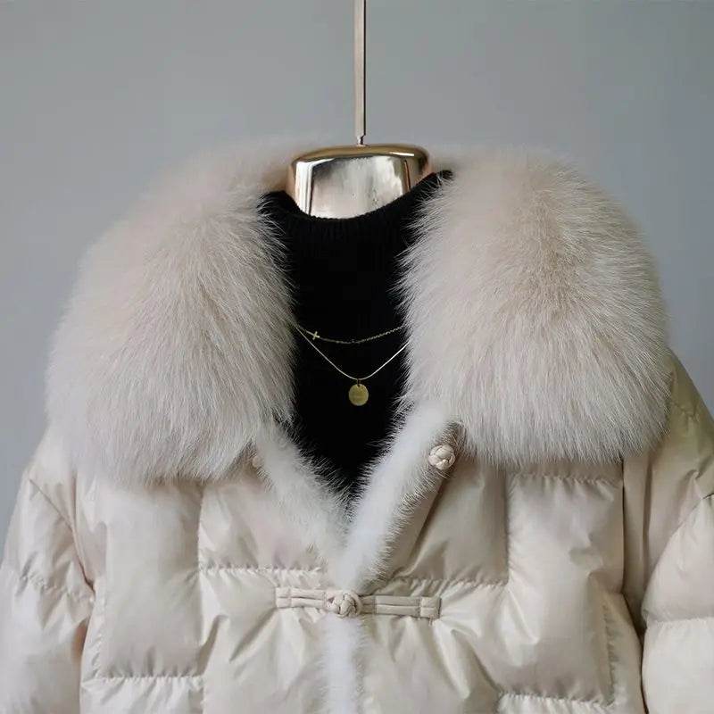 Vintage Chinese Style Duck Down Coat with Fox Hair Collar for Women - Buy Center US