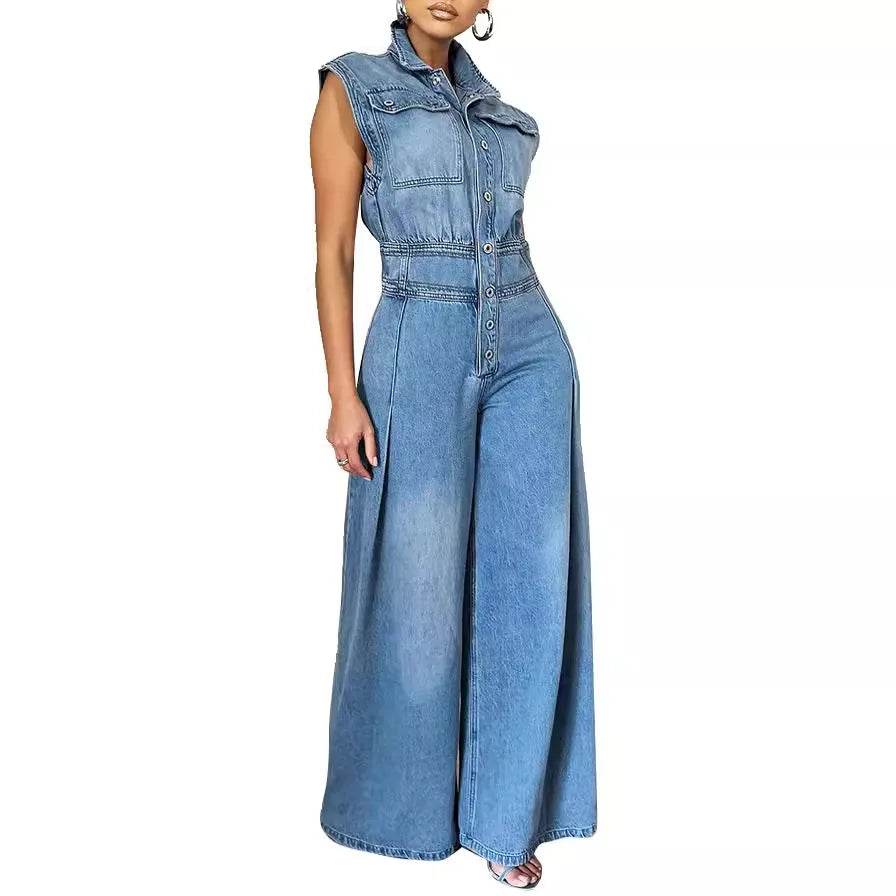 Kalenmos Women's Summer Denim Jumpsuit - High Waist, Wide Leg Style - Buy Center US