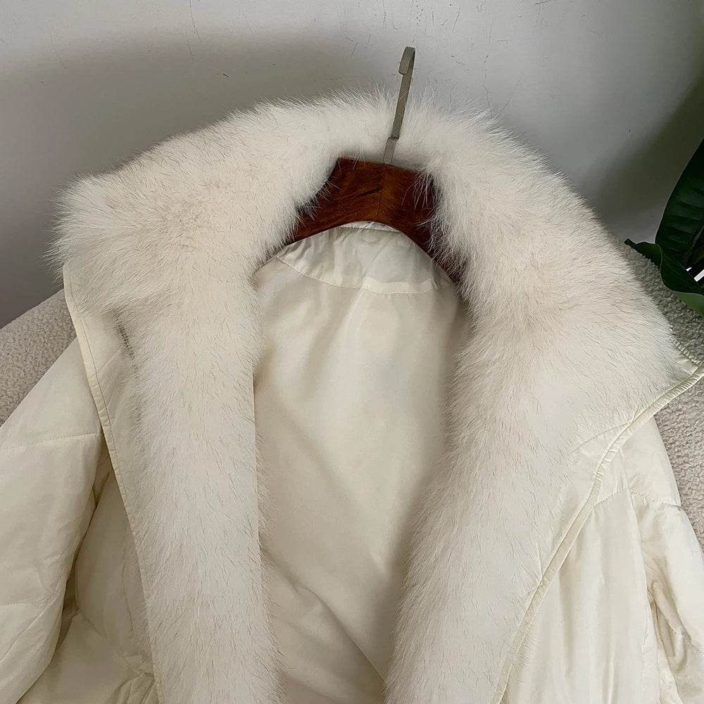 Real Natural Fox Fur Puffer Coat - Thick White Goose Down Jacket - Buy Center US