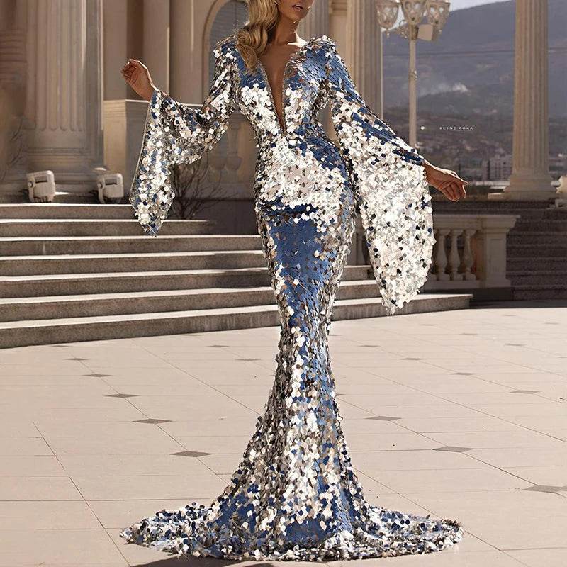 Elegant Silver Sequin Evening Dress - Flare Sleeves, Deep V Neck - Buy Center US