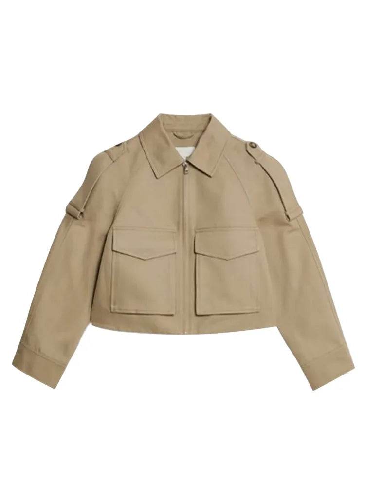 Hfwomenfz Vintage Women's Khaki Short Jacket - Zipper, Pockets, Full Sleeve - Buy Center US