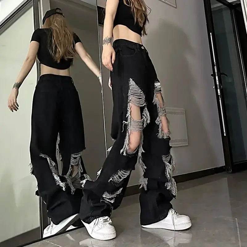 PTKPCC High Waist Distressed Jeans - Y2K Loose Fit for Women - Buy Center US