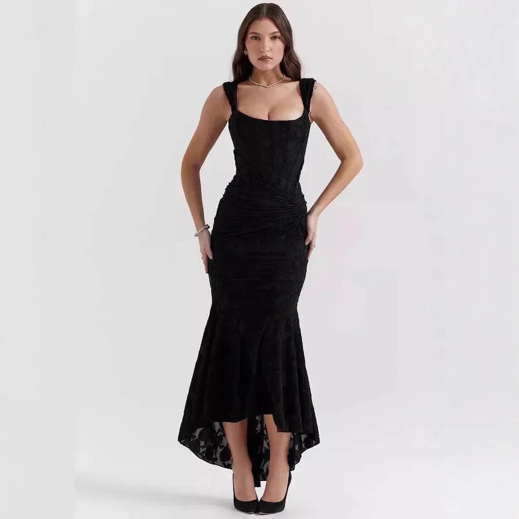 Autumn Square Collar Fish Tail Tank Dress - Jacquard Pleated Style - Buy Center US
