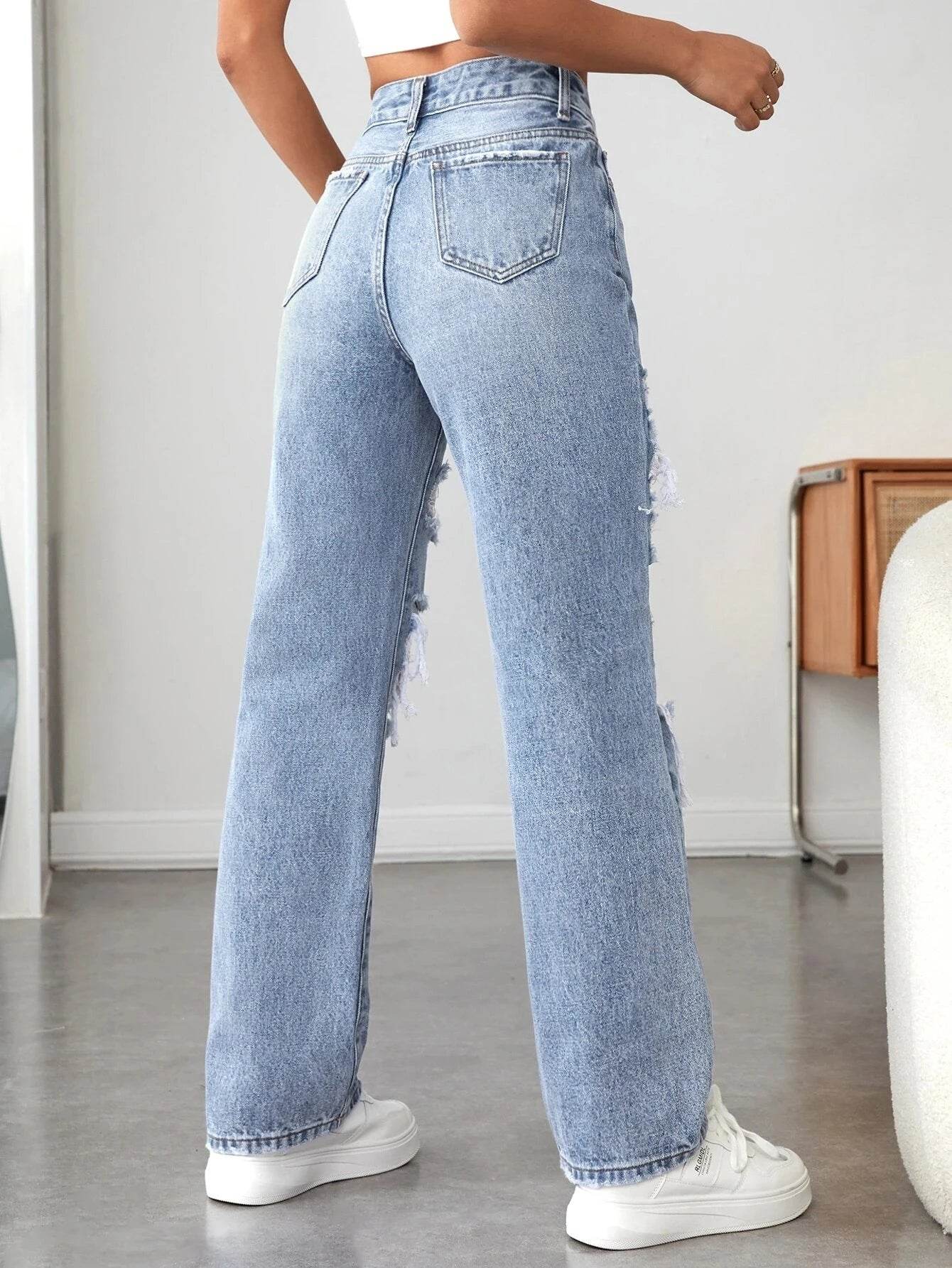 LEEYOVEE Women's Wide-Leg Ripped Denim Pants - Casual Loose Fit - Buy Center US
