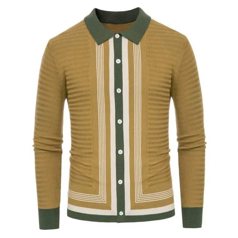 Naupang Men's Striped High-End Knitted Cardigan - Casual Long Sleeve Polo - Buy Center US