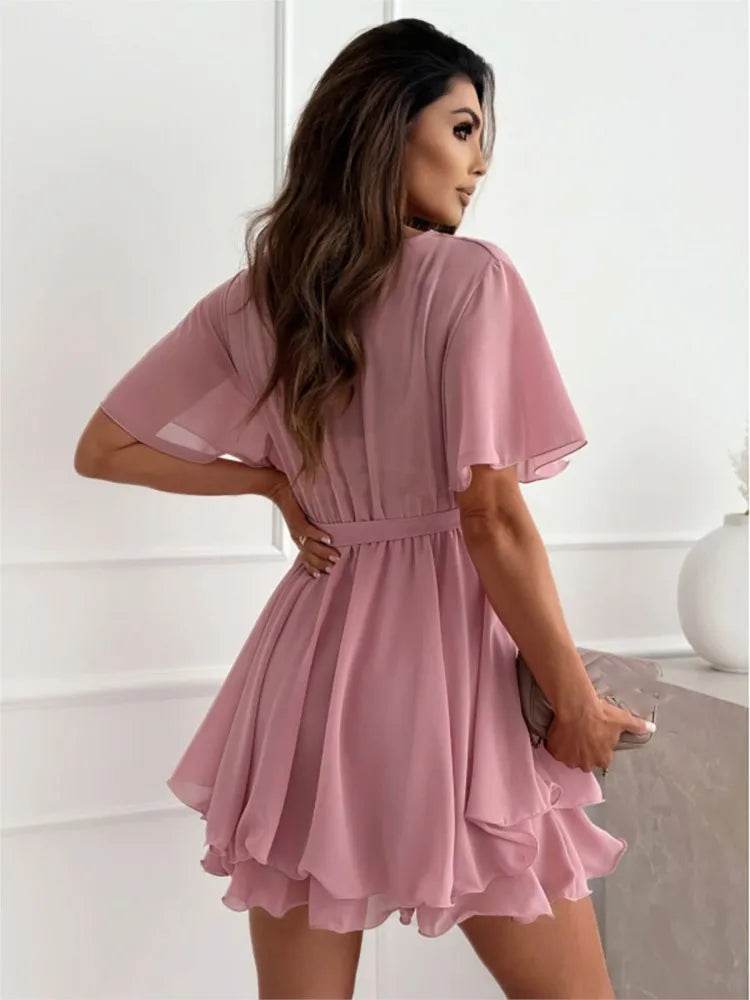 Summer V-Neck Mini Dress - Ruffled Hem Casual Women's Fashion - Buy Center US
