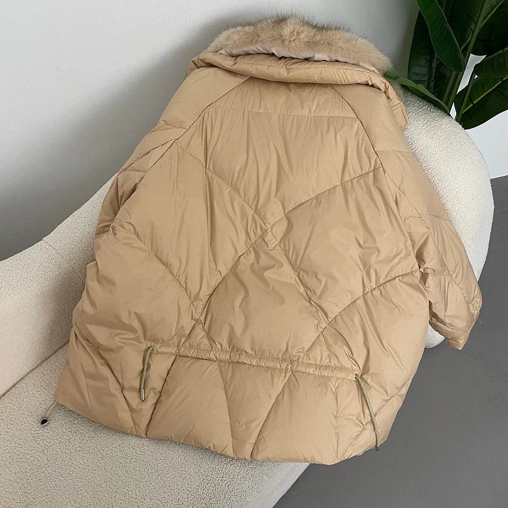 Real Natural Fox Fur Puffer Coat - Thick White Goose Down Jacket - Buy Center US