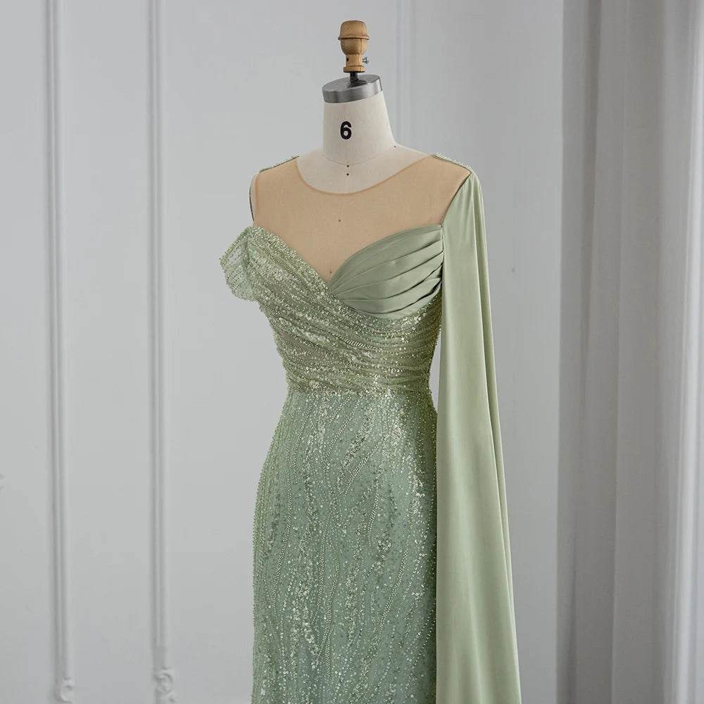 Sharon Said Sage Green Mermaid Evening Dress – Off The Shoulder Cape - Buy Center US
